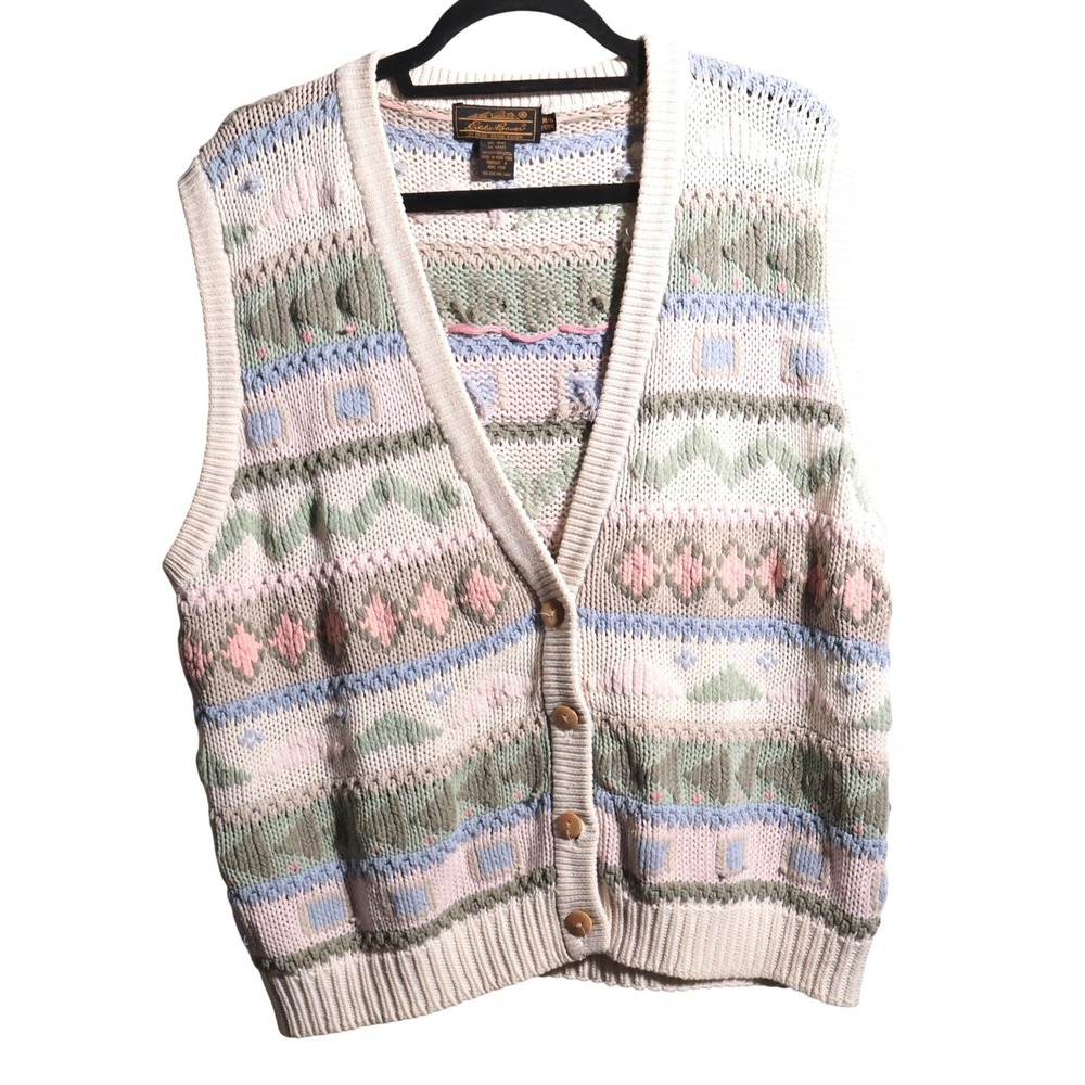 VTG Eddie Bauer Sweater Vest Fair Isle Pastel Cotton Knit 90s Nordic Cottage M P